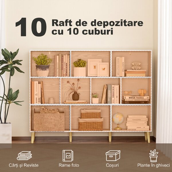 HOMCOM Bibliotecă cu 10 Cuburi, 3 Polițe, Picioare din Lemn Masiv, Alb cu Efect de Lemn, Albă | Aosom Romania
