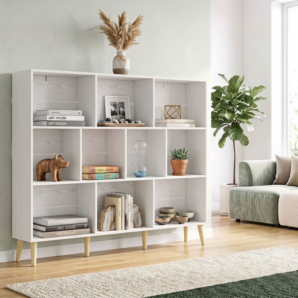 HOMCOM Bibliotecă cu 10 Cuburi, 3 Polițe, Picioare din Lemn Masiv, Alb cu Efect de Lemn, Albă | Aosom Romania