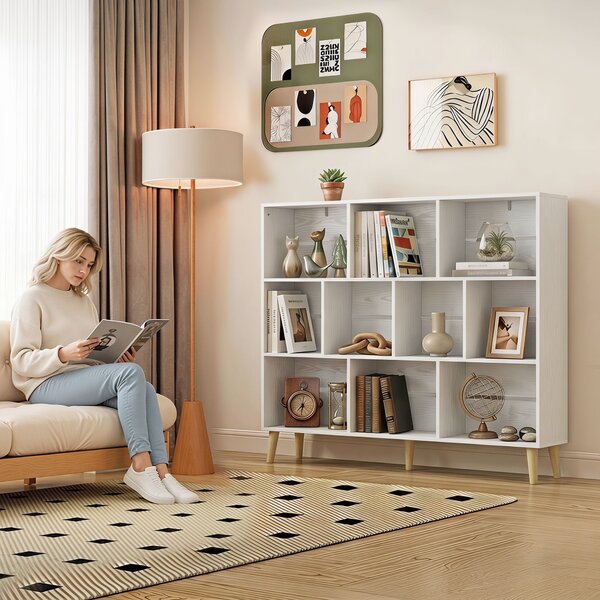 HOMCOM Bibliotecă cu 10 Cuburi, 3 Polițe, Picioare din Lemn Masiv, Alb cu Efect de Lemn, Albă | Aosom Romania