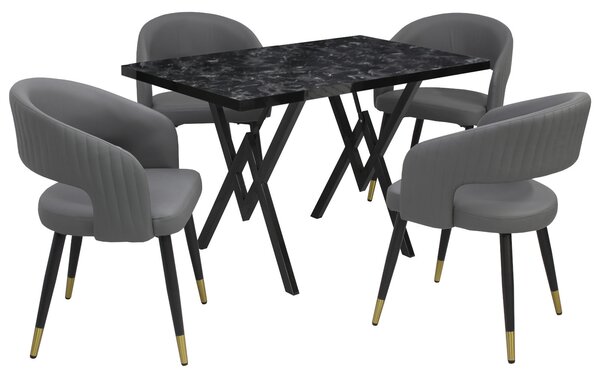 Set masă fixă Arta Negru cu 4 scaune Piele Ecologică Monaco Gri