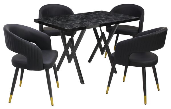 Set masă fixă Arta Negru cu 4 scaune Piele Sintetică Monaco Negru