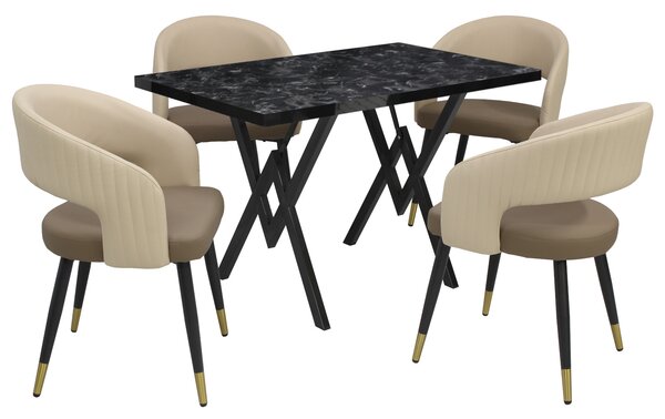 Set masă fixă Arta Negru cu 4 scaune Piele Sintetică Monaco Maro Crem