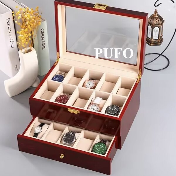 Cutie caseta din lemn pentru depozitare si organizare 20 ceasuri, model Pufo Premium etajat cu sertar