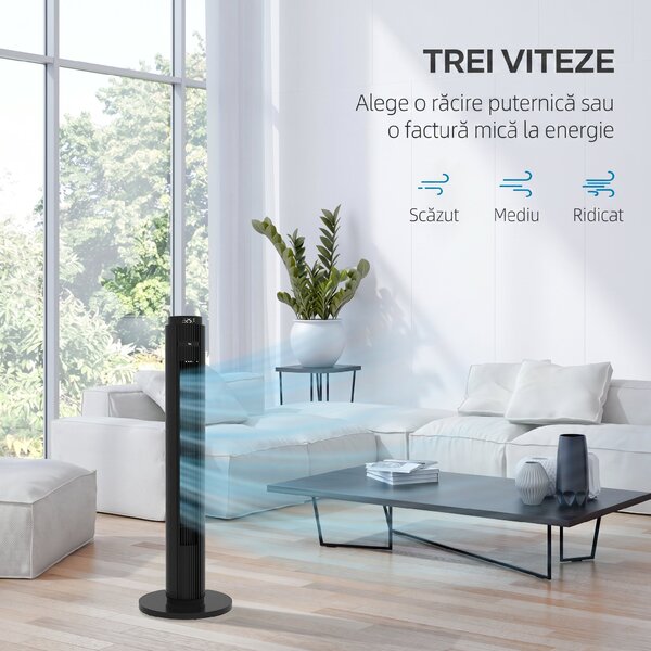HOMCOM Ventilator de Turn cu Telecomandă, 3 Viteze, Mod Repaus, Temporizator 12 ore, Negru | Aosom Romania