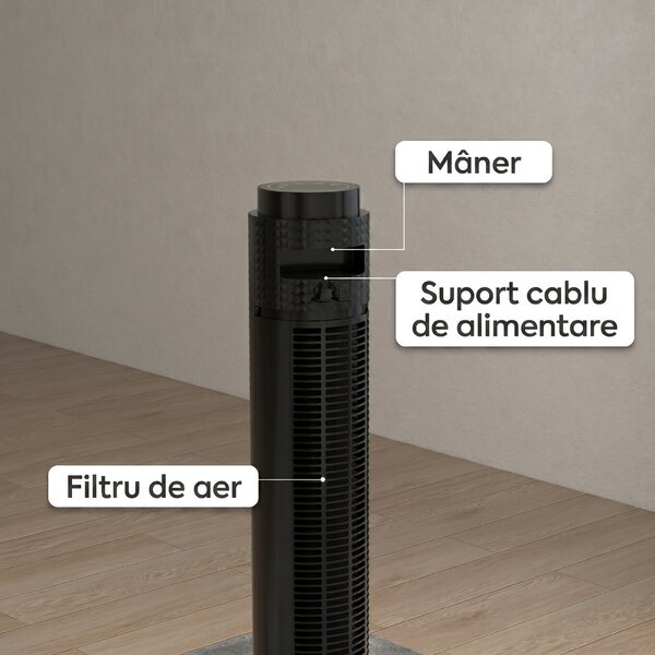 HOMCOM Ventilator de Turn cu Telecomandă, 3 Viteze, Mod Repaus, Temporizator 12 ore, Negru | Aosom Romania