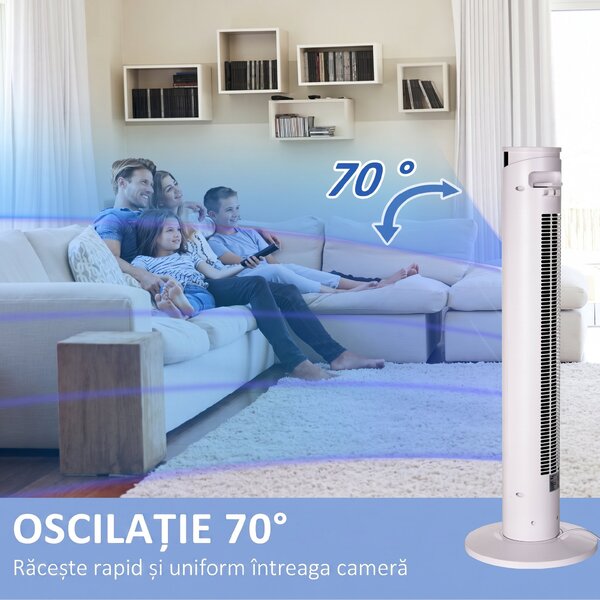 HOMCOM Ventilator Turn cu 3 Moduri și 3 Viteze cu Cronometru 12h, ABS și Ventilator de Podea cu Telecomandă, Ø31.5x93 cm, Alb | Aosom Romania