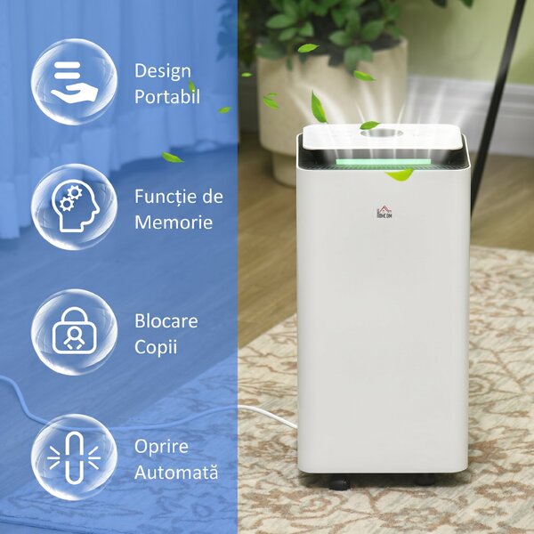 HOMCOM Dezumidificator Portabil de 10L/Zi cu 5 Moduri, 2 Viteze, Timer 24h și Roți, 25x25x50,5 cm, Alb | Aosom Romania