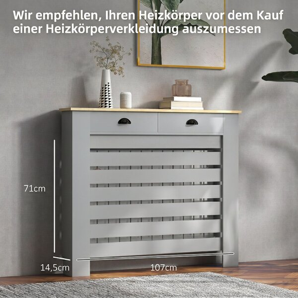 HOMCOM Acoperiș pentru calorifer din MDF cu doghe, cu 2 sertare, 111x19x95.5 cm, Gri | Aosom Romania