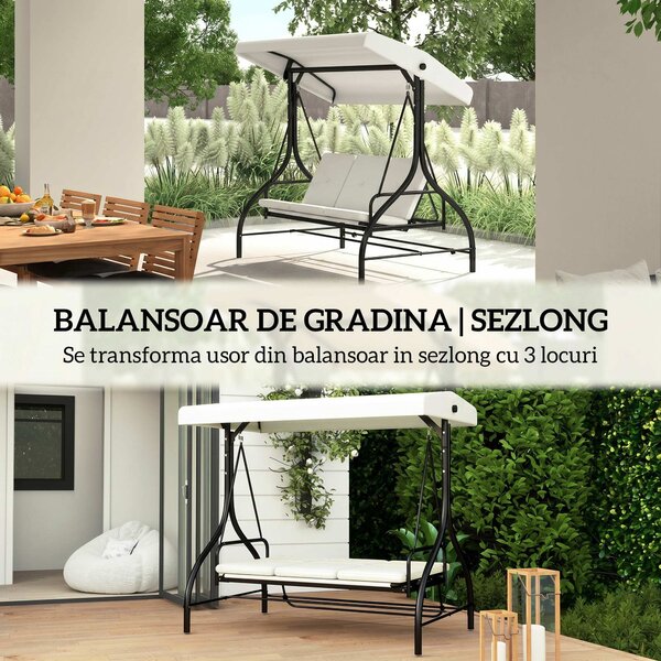 Outusunny Leagăn cu 3 Locuri de Grădină, Balansoar pentru Exterior cu Acoperiș Reglabil, din Oțel și Poliester, 195x117x175 cm, Crem | Aosom Romania