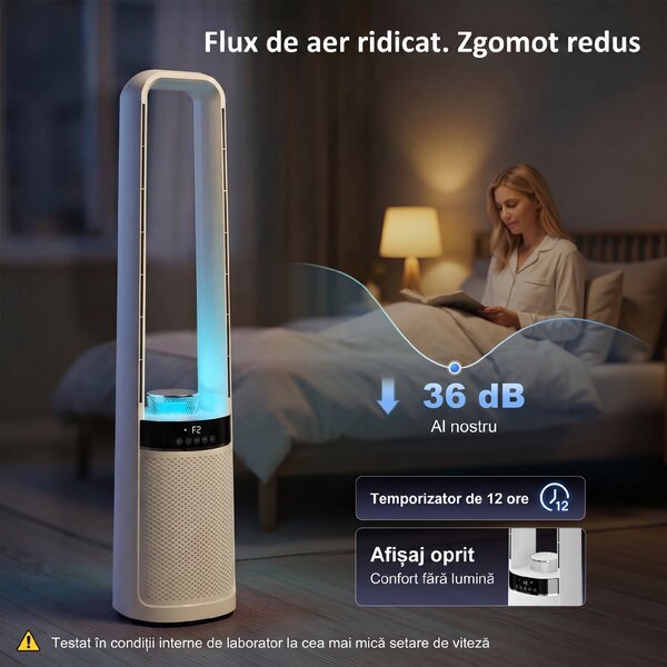 HOMCOM Ventilator de Podea Fără Pale pentru Dormitor, Silențios 36dB, cu Oscilație la 45°, Lumini LED, 3 Viteze, Temporizator 12H, Telecomandă, 94 cm, Alb | Aosom Romania