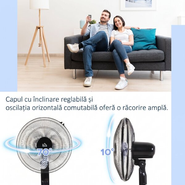 HOMCOM Ventilator de Podea cu Telecomandă, Reglabil pe Înălțime, 3 Viteze, Unghi de Înclinare Reglabil, Metal, Negru, Ø44,5x110-124H cm | Aosom Romania