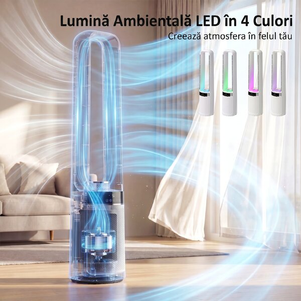 HOMCOM Ventilator de Podea Fără Pale pentru Dormitor, Silențios 36dB, cu Oscilație la 45°, Lumini LED, 3 Viteze, Temporizator 12H, Telecomandă, 94 cm, Alb | Aosom Romania