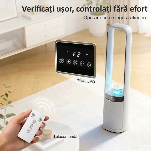 HOMCOM Ventilator de Podea Fără Pale pentru Dormitor, Silențios 36dB, cu Oscilație la 45°, Lumini LED, 3 Viteze, Temporizator 12H, Telecomandă, 94 cm, Alb | Aosom Romania