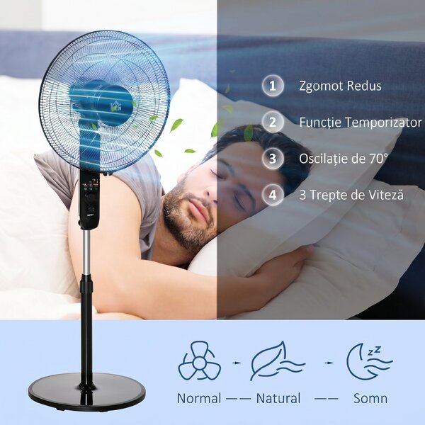 HOMCOM Ventilator de Podea cu Telecomandă, Reglabil pe Înălțime, 3 Viteze, Unghi de Înclinare Reglabil, Metal, Negru, Ø44,5x110-124H cm | Aosom Romania