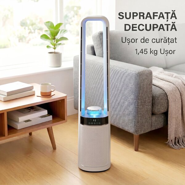 HOMCOM Ventilator de Podea Fără Pale pentru Dormitor, Silențios 36dB, cu Oscilație la 45°, Lumini LED, 3 Viteze, Temporizator 12H, Telecomandă, 94 cm, Alb | Aosom Romania