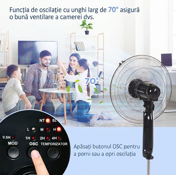 HOMCOM Ventilator de Podea cu Telecomandă, Reglabil pe Înălțime, 3 Viteze, Unghi de Înclinare Reglabil, Metal, Negru, Ø44,5x110-124H cm | Aosom Romania