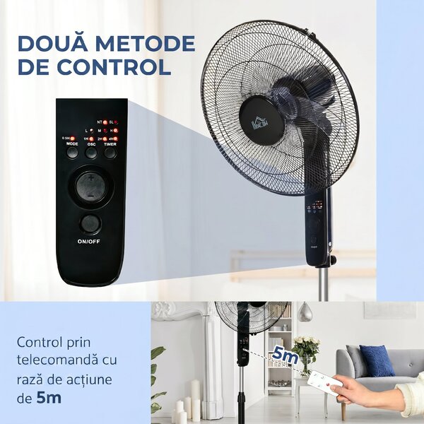 HOMCOM Ventilator de Podea cu Telecomandă, Reglabil pe Înălțime, 3 Viteze, Unghi de Înclinare Reglabil, Metal, Negru, Ø44,5x110-124H cm | Aosom Romania