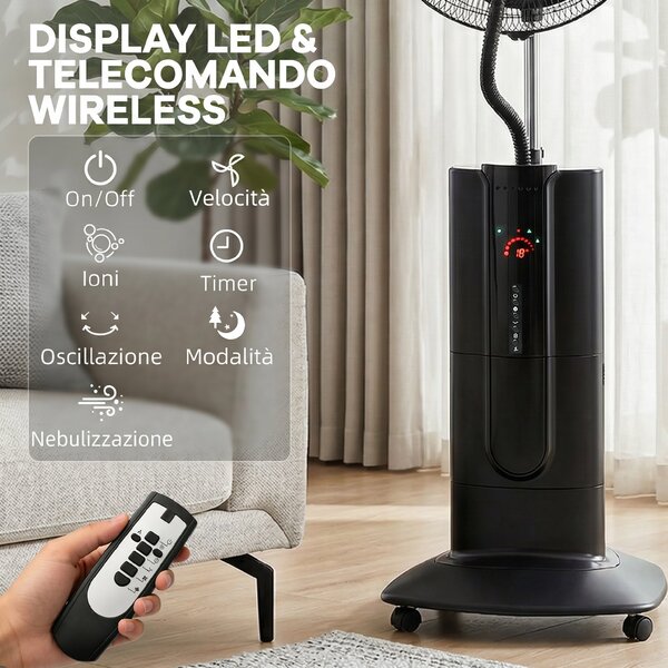 HOMCOM Ventilator de Podea 3 în 1 Oscilant cu Nebulizator de Apă, Telecomandă și Timer 9h, 45x38x130 cm, Negru | Aosom Romania