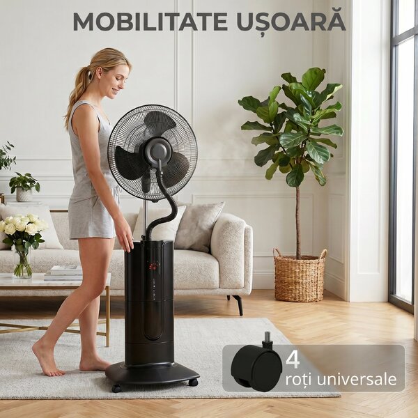 HOMCOM Ventilator de Podea 3 în 1 Oscilant cu Nebulizator de Apă, Telecomandă și Timer 9h, 45x38x130 cm, Negru | Aosom Romania