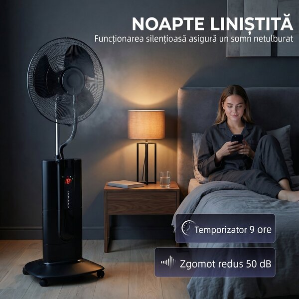 HOMCOM Ventilator de Podea 3 în 1 Oscilant cu Nebulizator de Apă, Telecomandă și Timer 9h, 45x38x130 cm, Negru | Aosom Romania