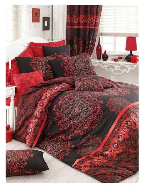 Lenjerie de pat dublu roșie/neagră din bumbac extinsă cu cearșaf și cuvertură 220x240 cm Osmanli – Mijolnir