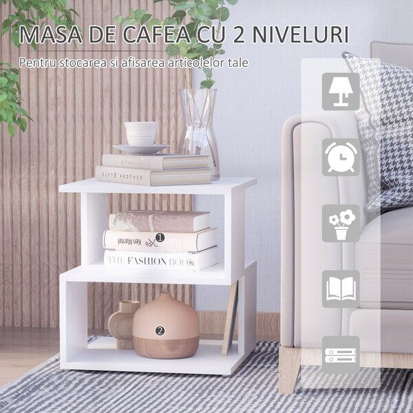 Masuta de Cafea HOMCOM 2 Rafturi, Lemn Alb, 40x40x43cm | Aosom Romania
