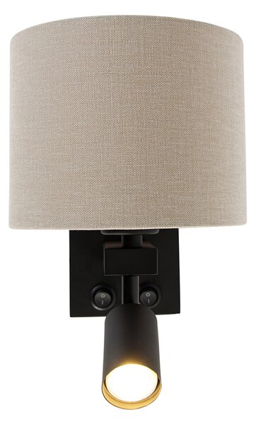 Aplică neagră cu lampă de citit și abajur 18 cm maro deschis - Brescia