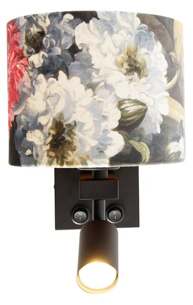 Aplică neagră cu lampă de citit și abajur 18 cm floral - Brescia