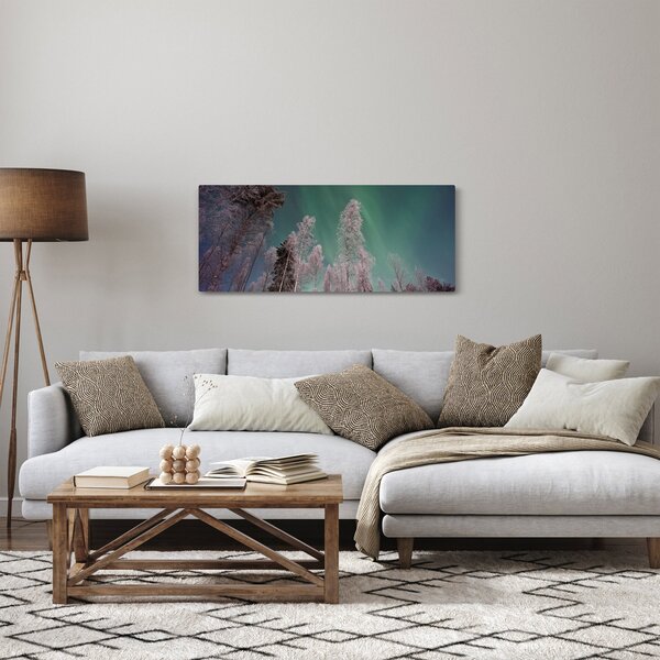 Tablou cu aurora borealis deasupra pomilor înghețați (120x50 cm)
