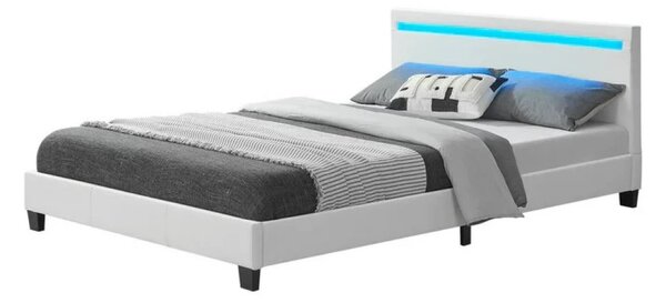 Pat tapitat piele PU, cu iluminare LED, telecomanda, cadru lemn, suport saltea inclus, 160x200, Alb