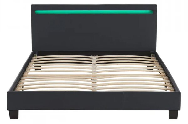 Pat tapitat piele PU, cu iluminare LED, telecomanda, cadru lemn, suport saltea inclus, 160x200, Negru