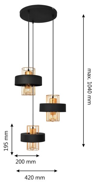 Lustră pe cablu VOLTA 3xE27/15W/230V neagră/aurie