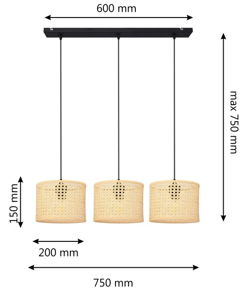 Lustră pe cablu ALBA 3xE27/15W/230V ratan/negru