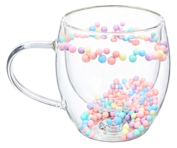 Cană cu inserție de biluțe colorate pastel, pereți dubli, sticlă borosilicată, 250 ml, Aurora Bloom