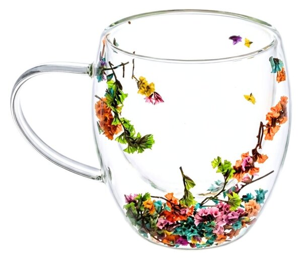 Cană cu inserție de flori uscate, limonium multicolor, pereți dubli, sticlă borosilicată, 250 ml, Aurora Bloom