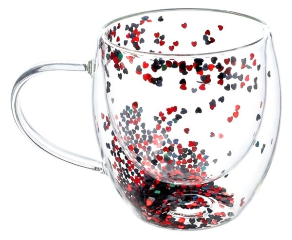 Cană cu inserție de confetti, inimioare roșii și gri, sticlă borosilicată, 250 ml, Aurora Glow