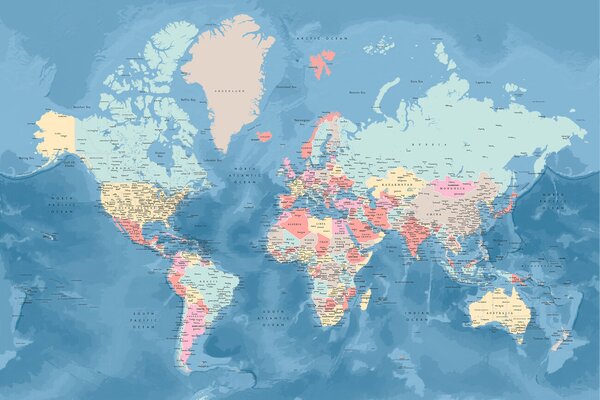 Harta Light blue and pastels detailed world map, Blursbyai, (40 x 26.7 cm)