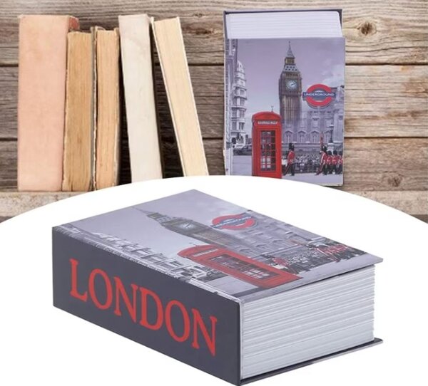Seif secret tip carte Pufo cu cheie pentru blocare, model London Vibe, 18 x 12 cm