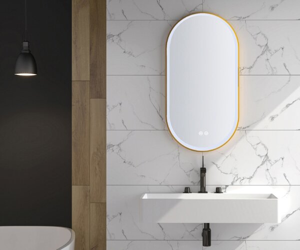 Oglinda Fluminia, Dali-Gold, ovala, cu iluminare LED si rama aurie