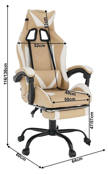 Scaun gaming OZGE 2 NEW, bej/alb, piele ecologica, 64x60x116/136 cm