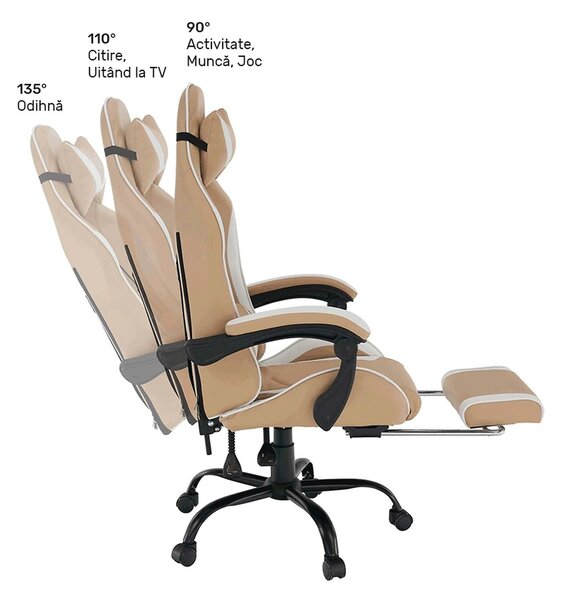 Scaun gaming OZGE 2 NEW, bej/alb, piele ecologica, 64x60x116/136 cm
