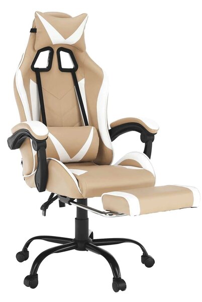 Scaun gaming OZGE 2 NEW, bej/alb, piele ecologica, 64x60x116/136 cm
