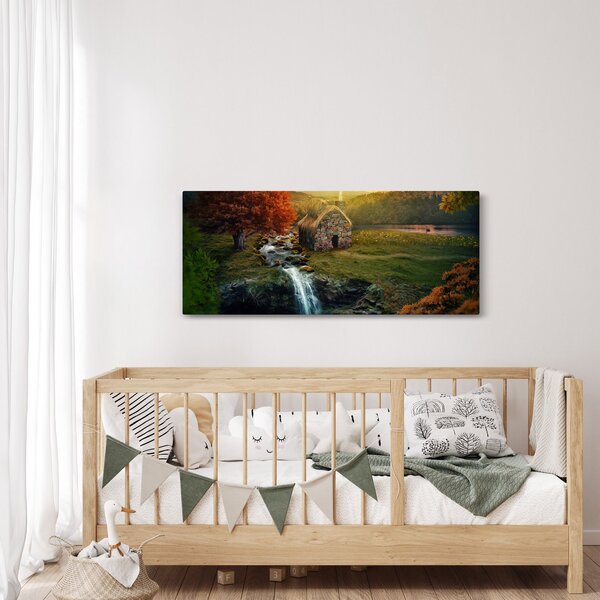 Tablou cu căbănuță în peisaj de poveste (120x50 cm)