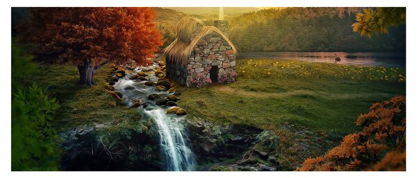 Tablou cu căbănuță în peisaj de poveste (120x50 cm)