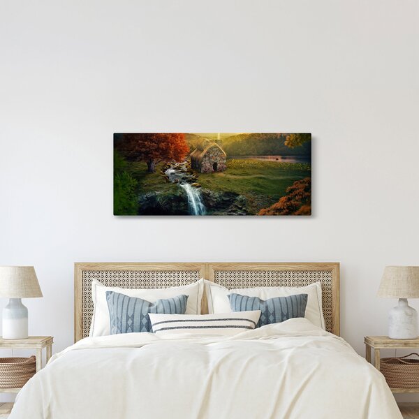 Tablou cu căbănuță în peisaj de poveste (120x50 cm)