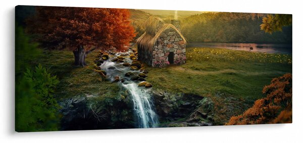 Tablou cu căbănuță în peisaj de poveste (120x50 cm)