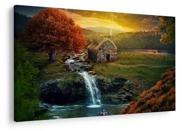 Tablou cu căbănuță în peisaj de poveste (90x60 cm)