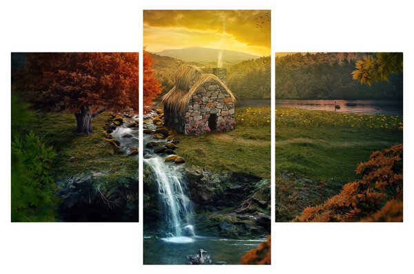 Tablou cu căbănuță în peisaj de poveste (90x60 cm)