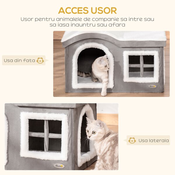 Casuta pentru Pisici de Interior PawHut, 63.5x37x40cm, Gri | Aosom RO