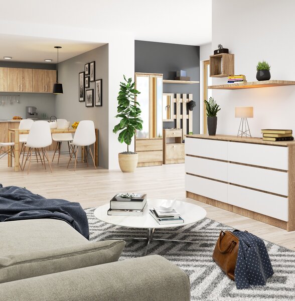 Comodă Keanu III (stejar sonoma + Alb). Promo -15%. 1151969